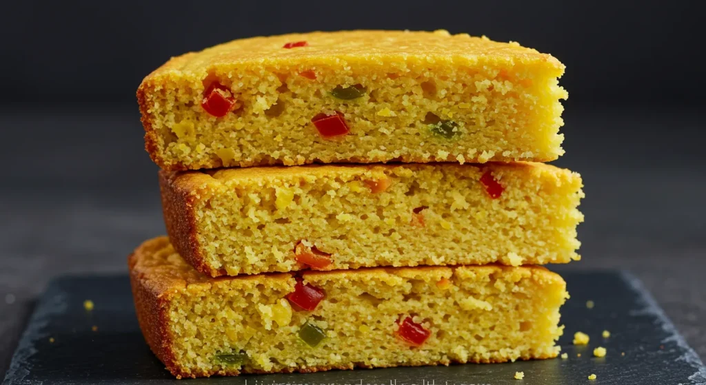 Moist and golden Jiffy Mexican Cornbread slices with a crispy crust and bits of jalapeños and cheese, served on a dark slate board.