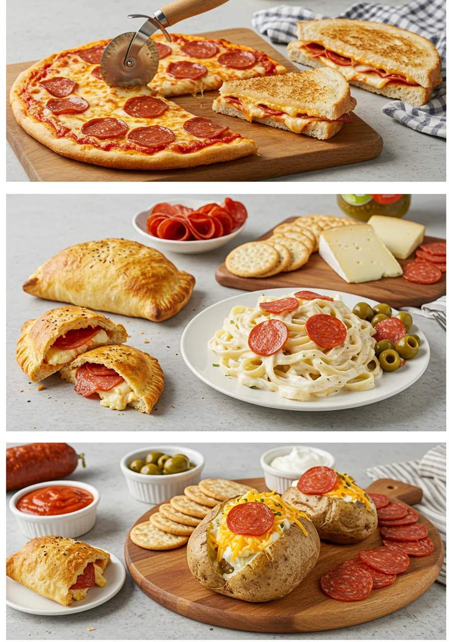 Sliced beef pepperoni stacked in a pile, showcasing its rich red color and marbled texture with flecks of fat.