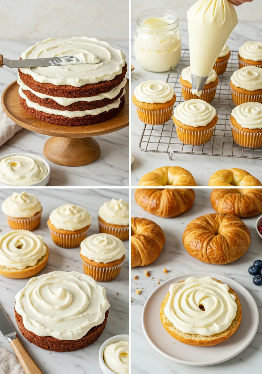 A smooth and creamy cream cheese filling in a bowl, ready to be spread or piped into desserts.
