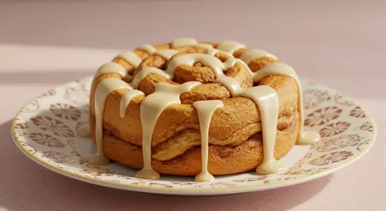 Banana bread cinnamon roll with glaze on plate
