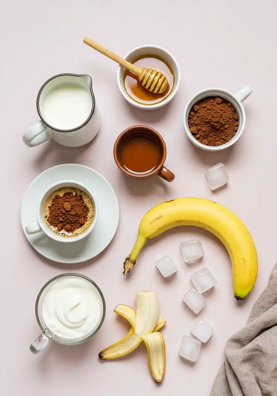 Smoothie Ingredients Layout Flatlay of banana coffee smoothie ingredients
