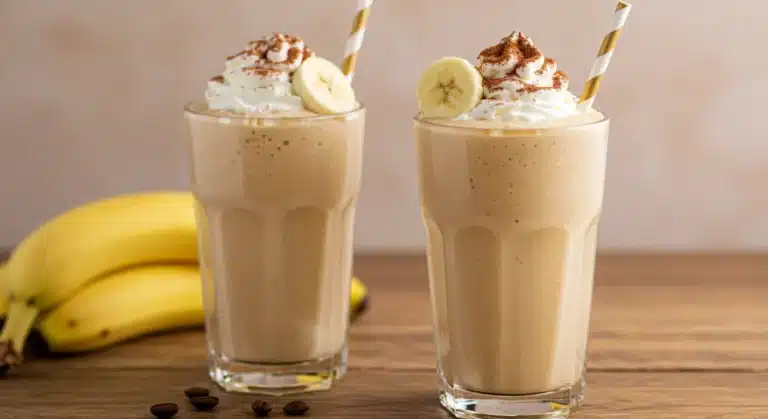 Creamy banana coffee smoothies in tall glasses