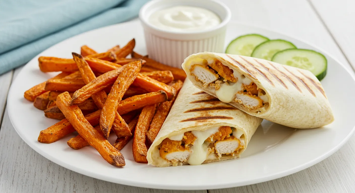 Grilled cheesy garlic chicken wrap served with sweet potato fries and cucumber slices on a wooden plate.