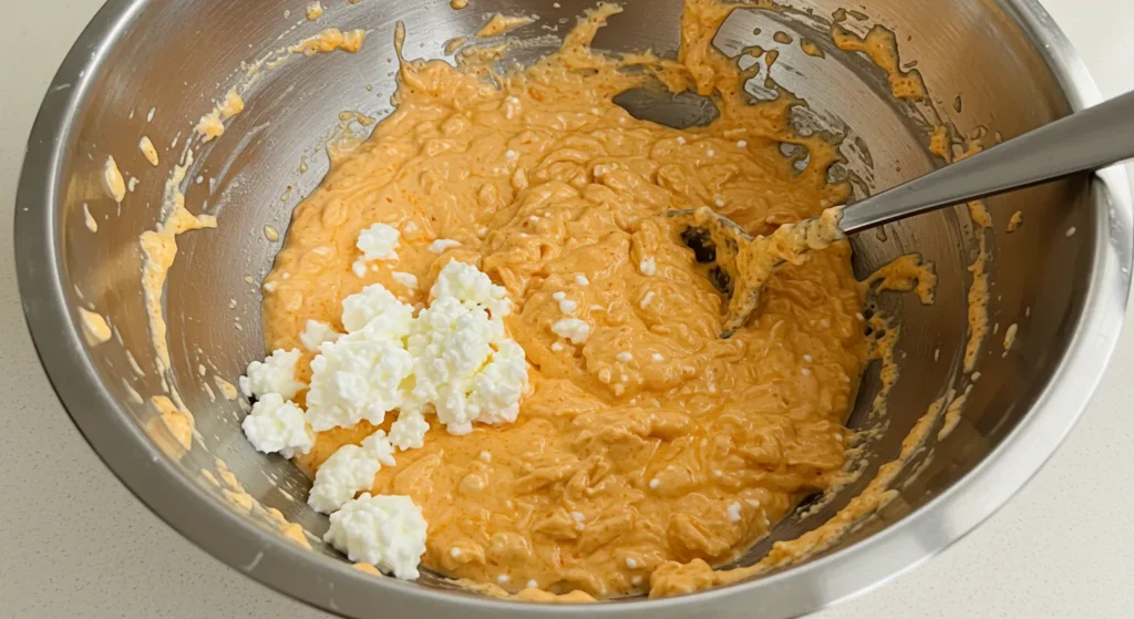 Creamy Cottage Cheese Buffalo Chicken Dip served in a bowl with fresh veggies and chips.
