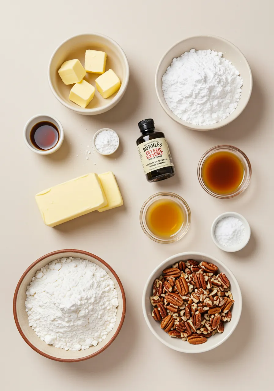 Flatlay of snowball cookie ingredients