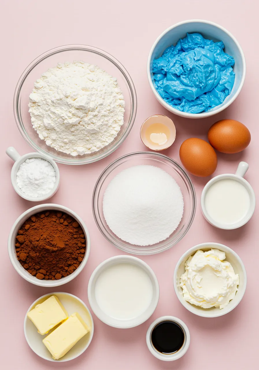 Flatlay of ingredients for blue velvet cake