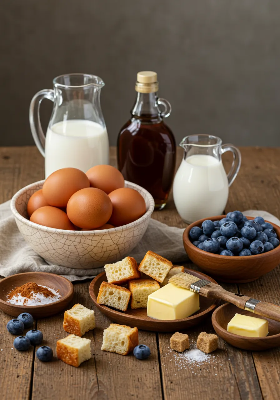 Blueberry French Toast baked in a white ceramic dish with golden top and bursting blueberries.