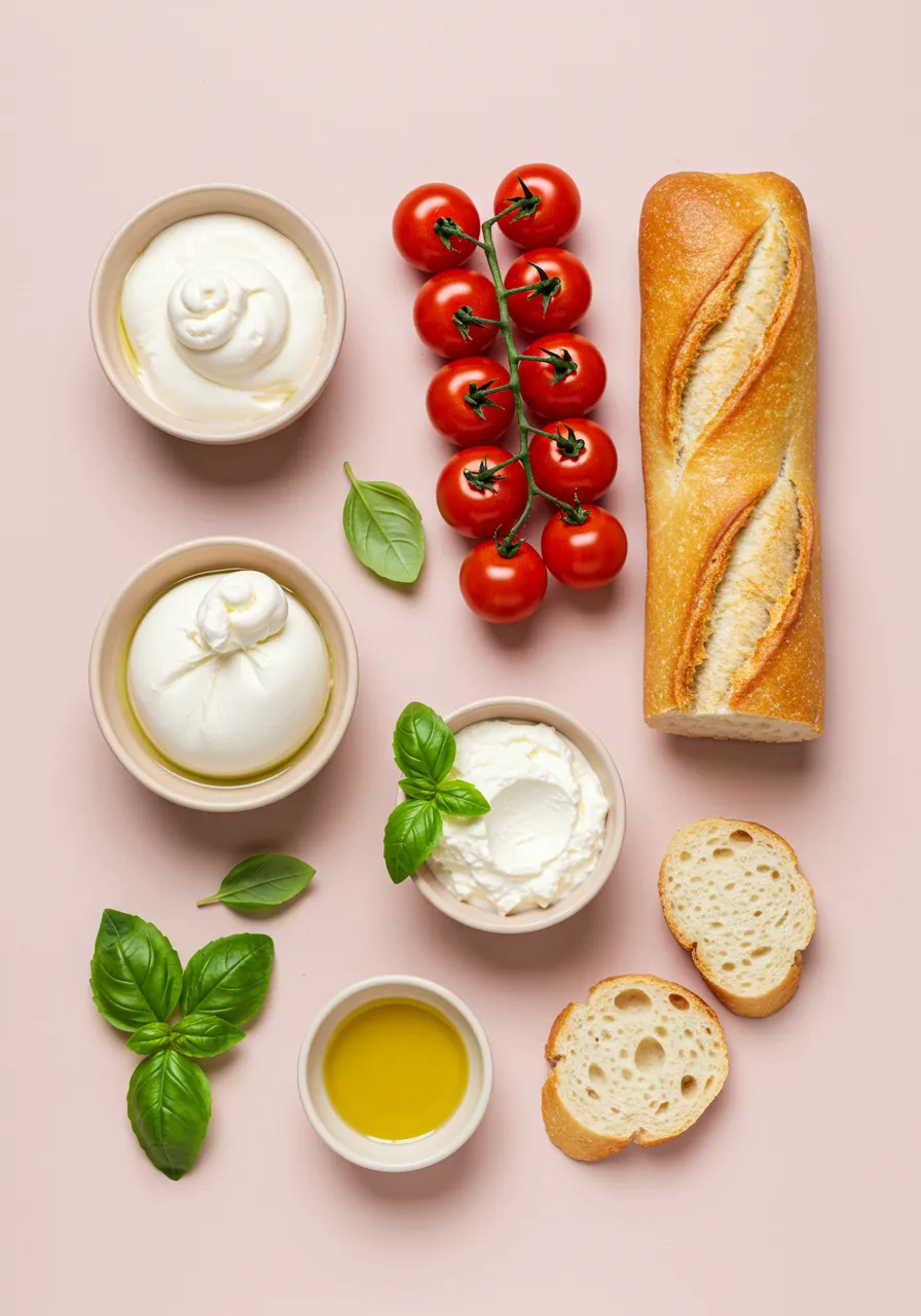 Burrata, stracciatella, cherry tomatoes, and baguette slices
