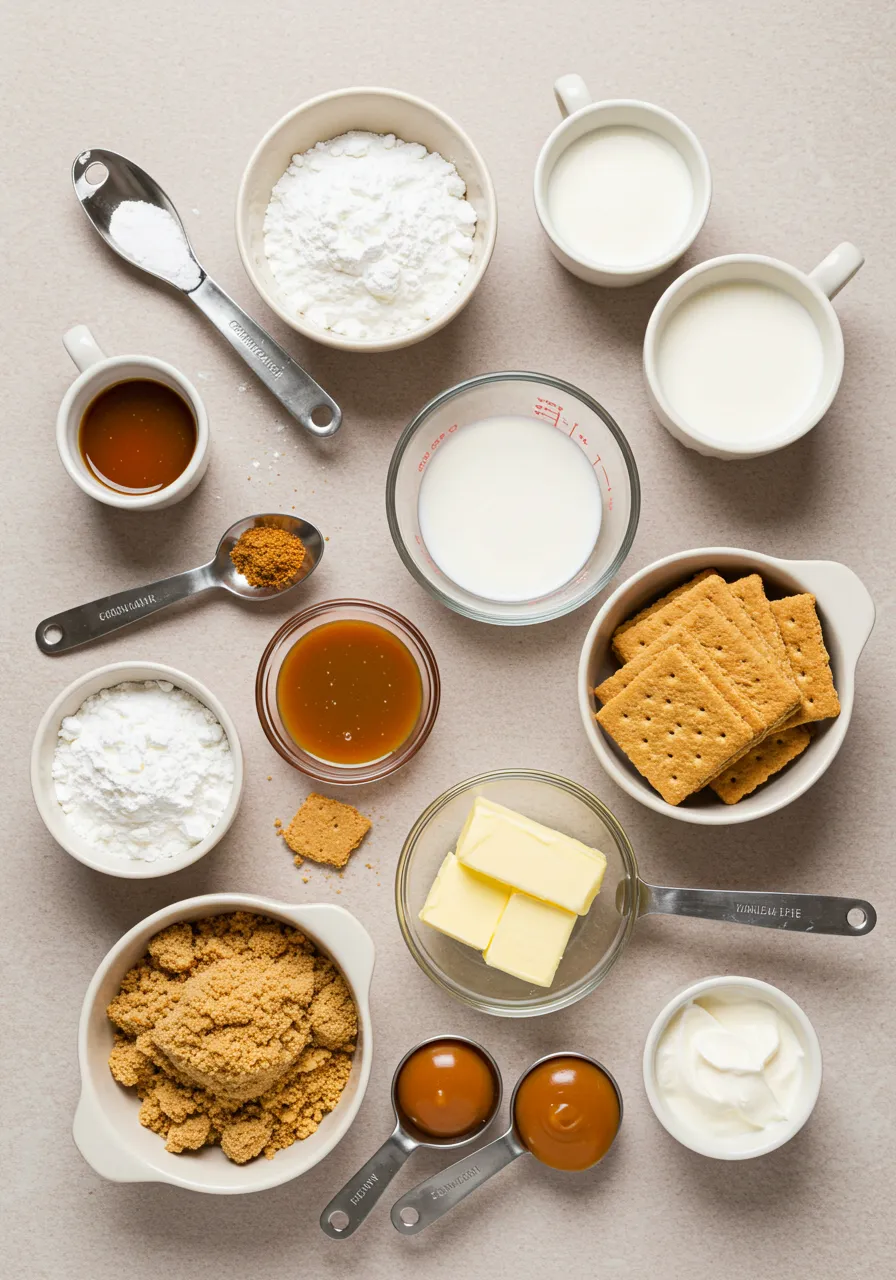 Butterscotch pie ingredients laid out on pink backdrop