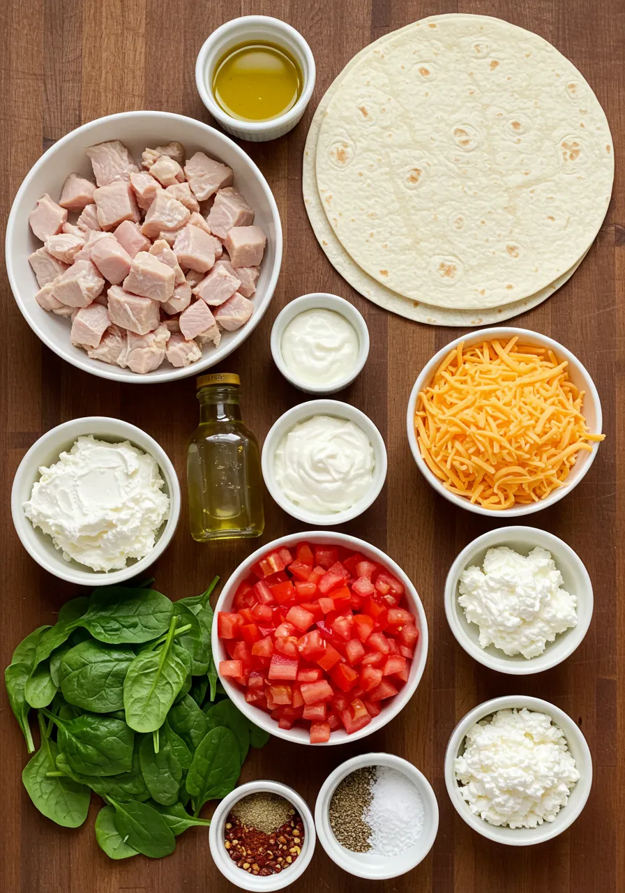 Flat lay of fresh ingredients for cheesy garlic chicken wraps, including diced chicken, tortillas, cheese, spices, and vegetables.