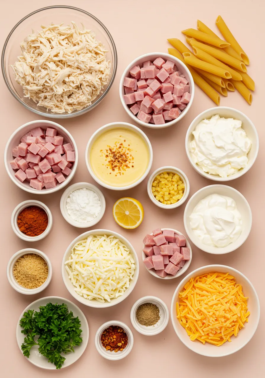Ingredients for creamy ham and chicken casserole