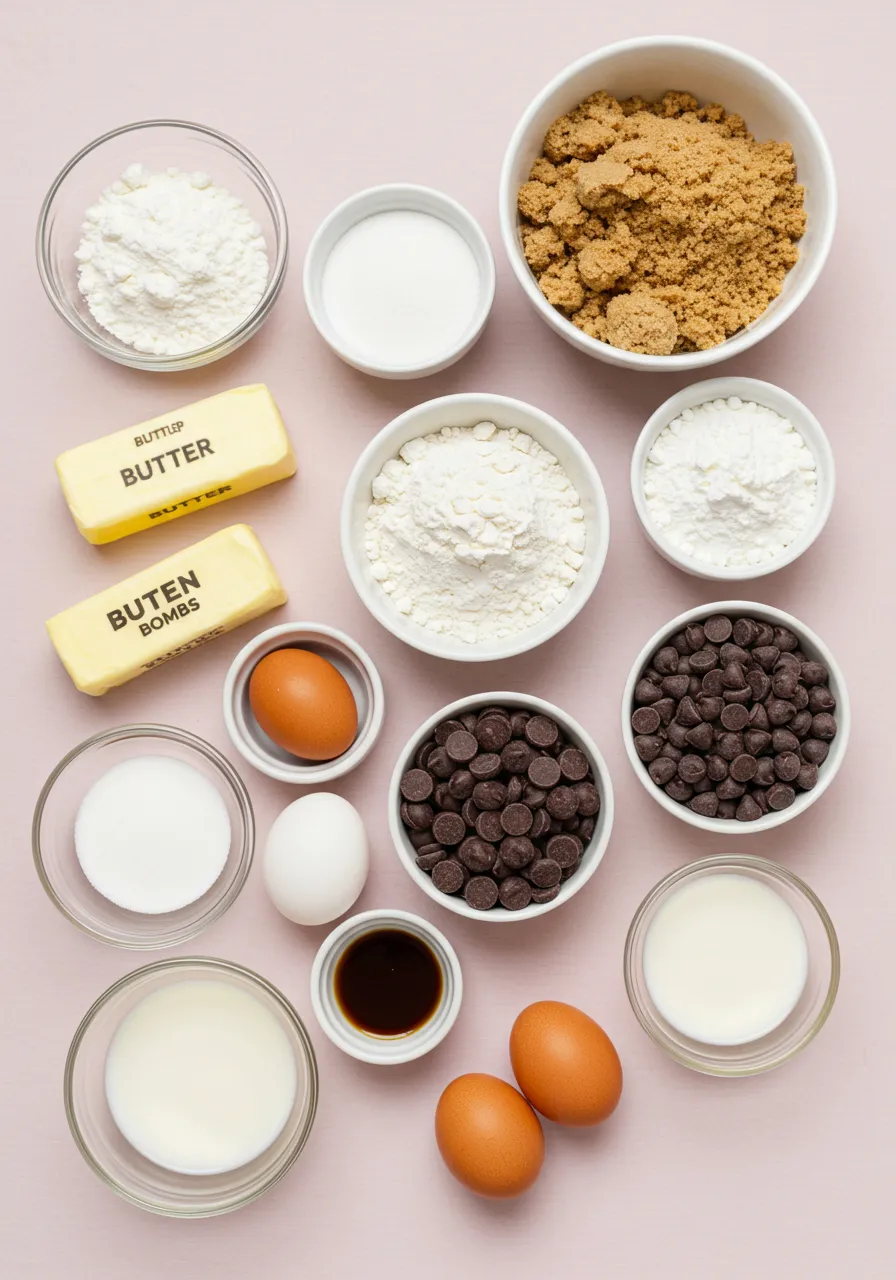 Flatlay of Chocolate Chip Cookie Dough Brownie Bomb Ingredients