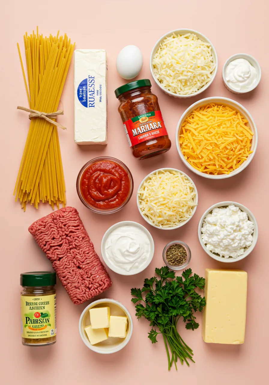 Ingredients for Million Dollar Spaghetti Casserole arranged flat