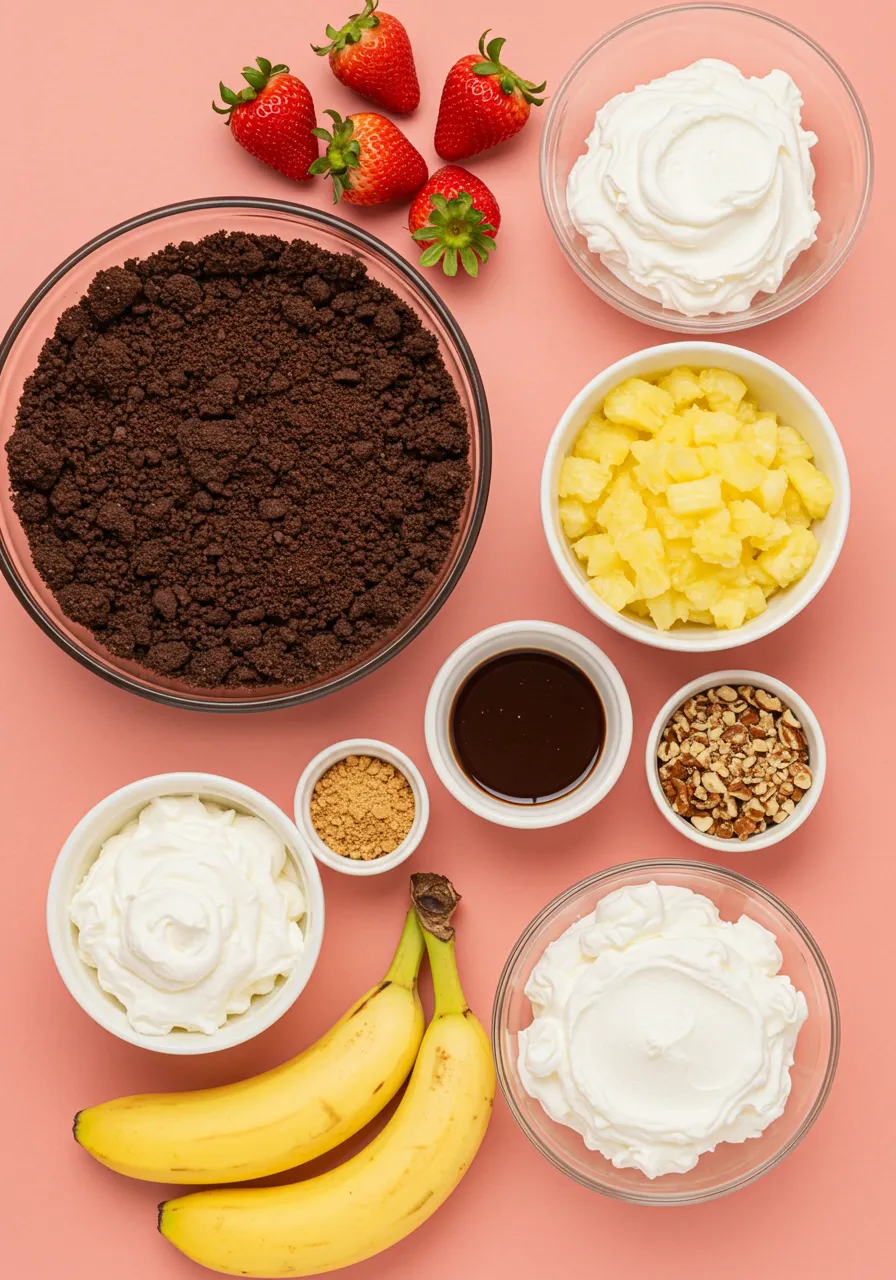 Ingredients for banana split cheesecake on soft pink background