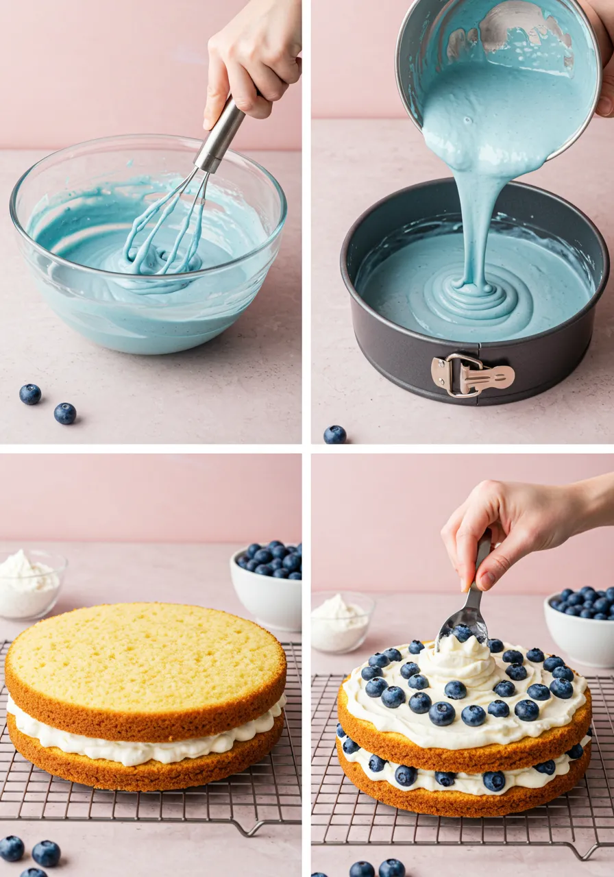 Step-by-step process of making blue velvet cake