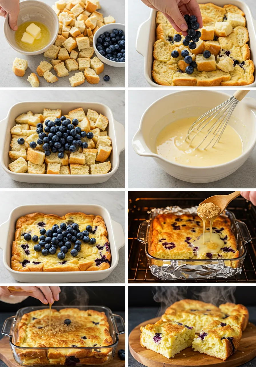 Blueberry French Toast baked in a white ceramic dish with golden top and bursting blueberries.