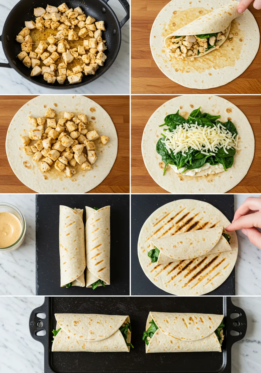 Step-by-step preparation of cheesy garlic chicken wraps, from seasoning chicken to assembling and grilling the wraps.