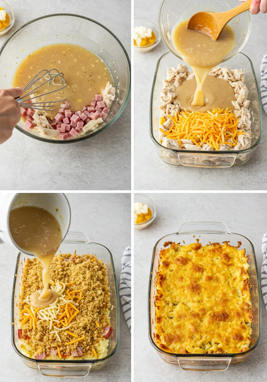 Step-by-step visuals of making a chicken ham casserole