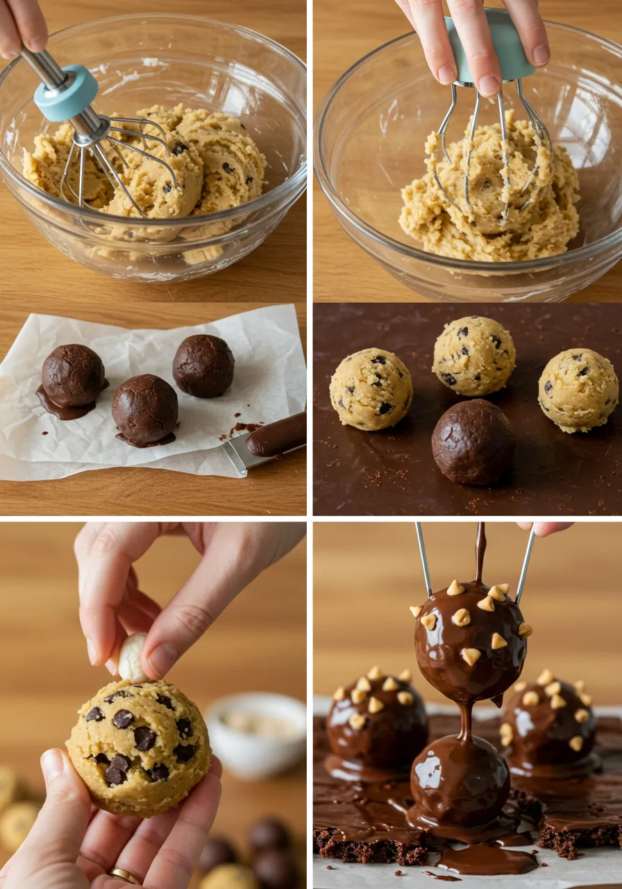 Step-by-step process of making cookie dough brownie bombs