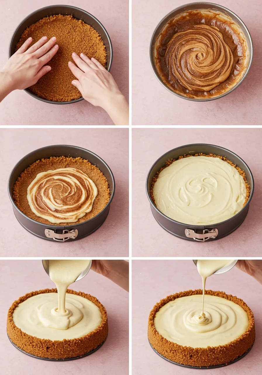Step-by-step images for making cinnamon roll cheesecake