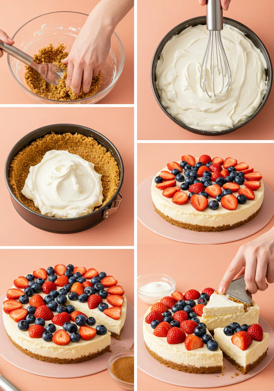 Step-by-step images making banana split cheesecake