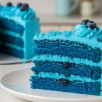 Slice of vibrant blue velvet cake topped with blueberries