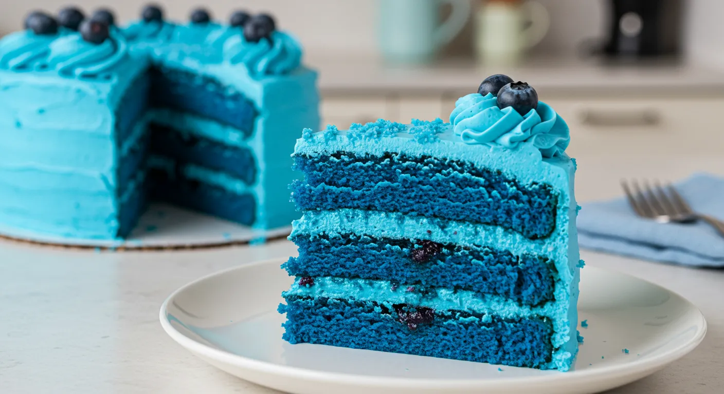 Slice of vibrant blue velvet cake topped with blueberries