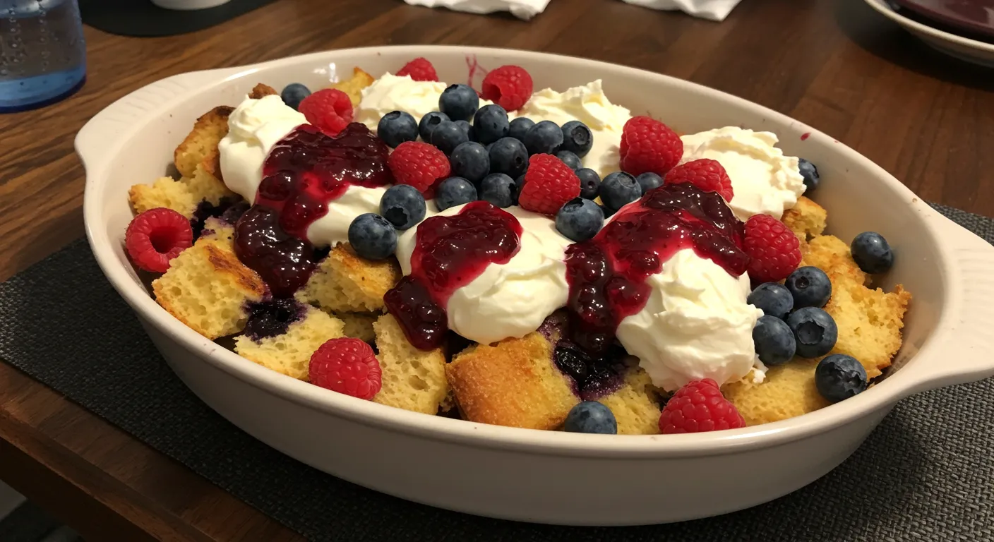 Blueberry French Toast baked in a white ceramic dish with golden top and bursting blueberries.