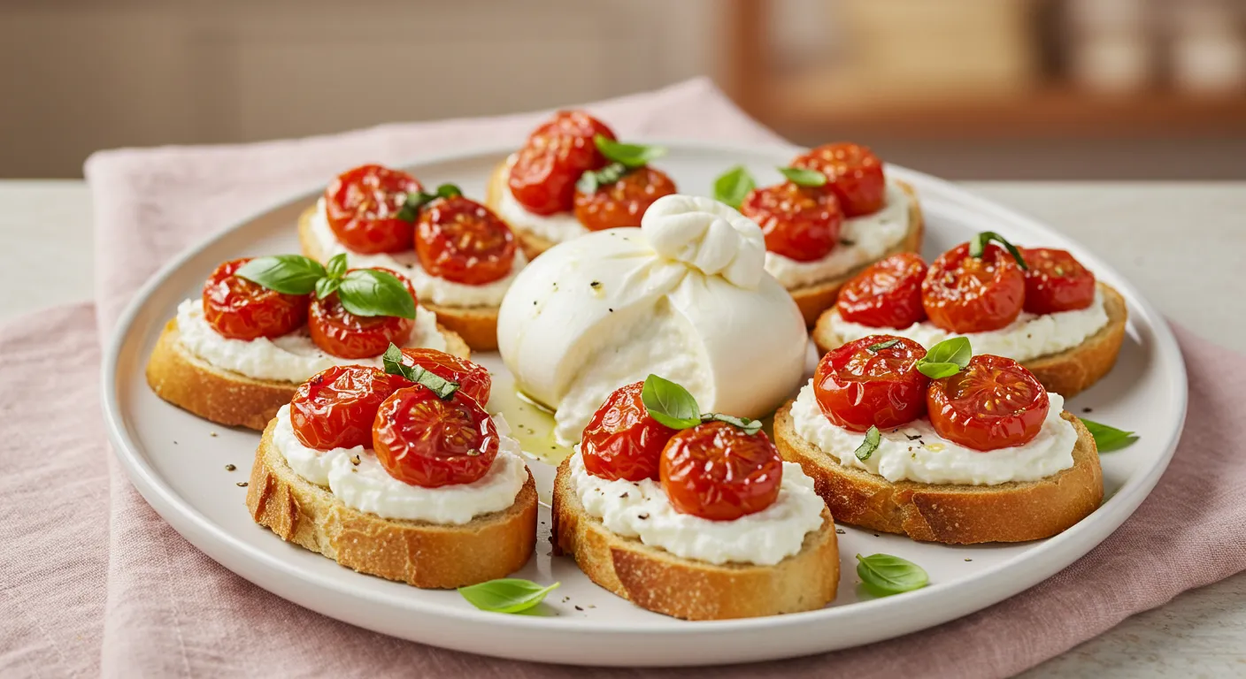 Burrata and stracciatella crostini with cherry tomatoes