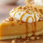 Slice of butterscotch pie with caramel and whipped cream