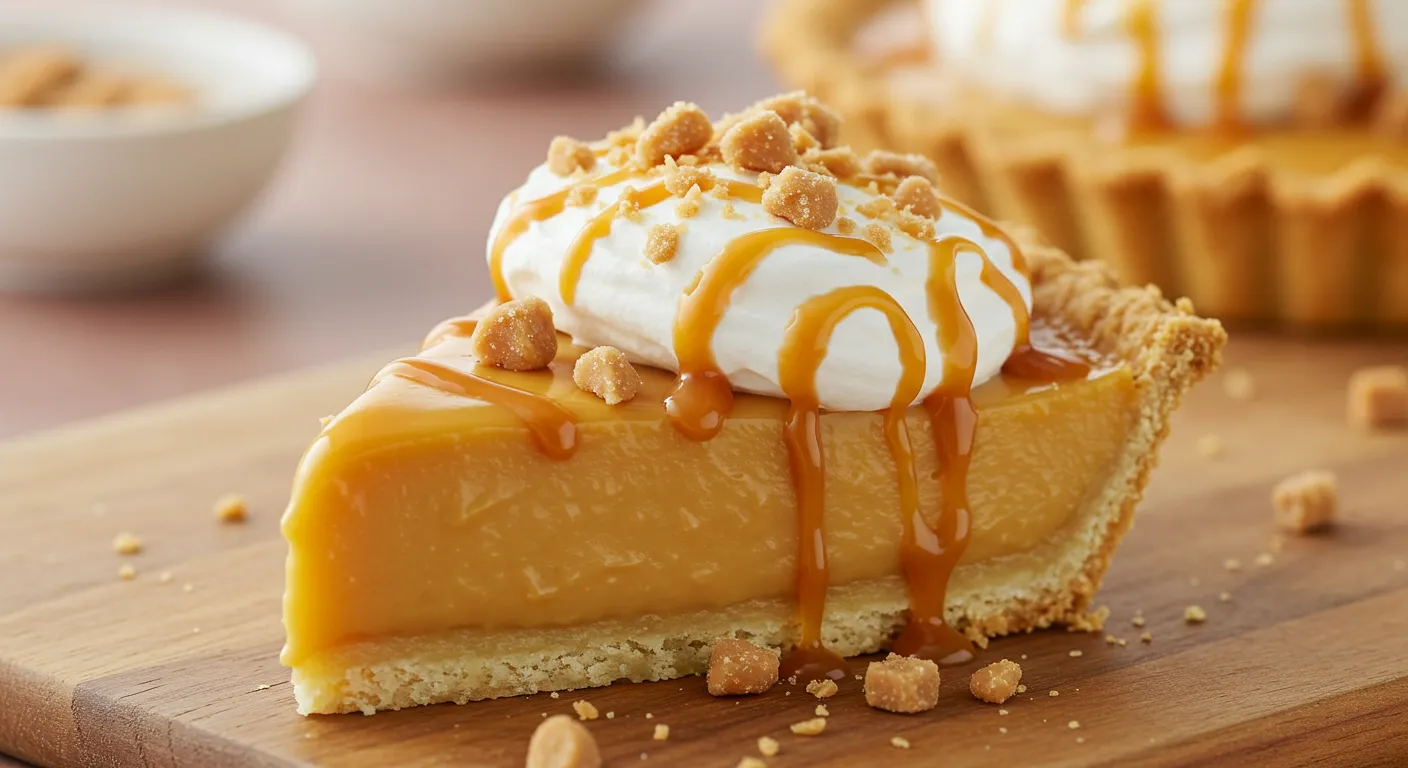 Slice of butterscotch pie with caramel and whipped cream