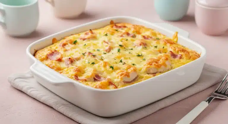Chicken Ham Cheese Casserole baked golden with herbs