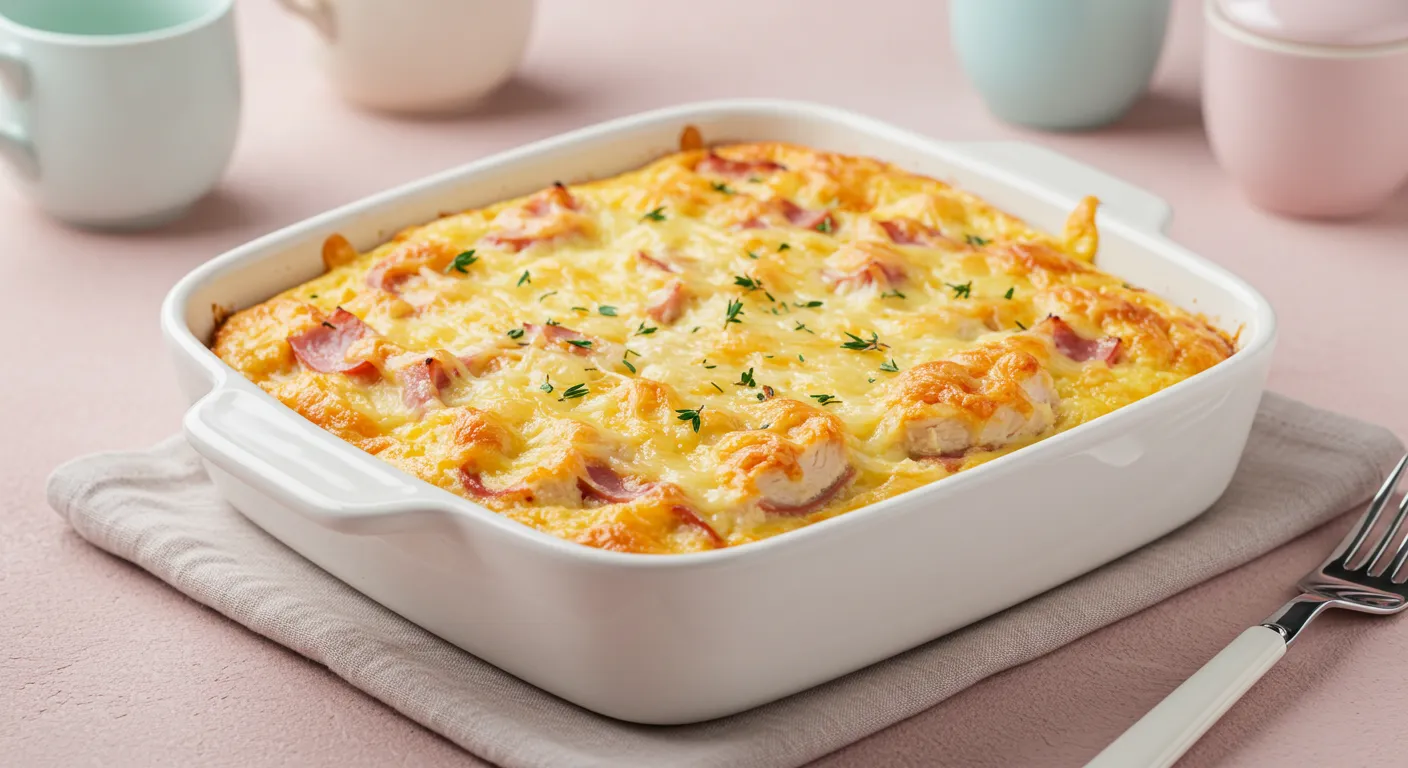 Chicken Ham Cheese Casserole baked golden with herbs
