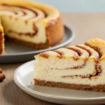 Slice of cinnamon roll cheesecake on ceramic plate