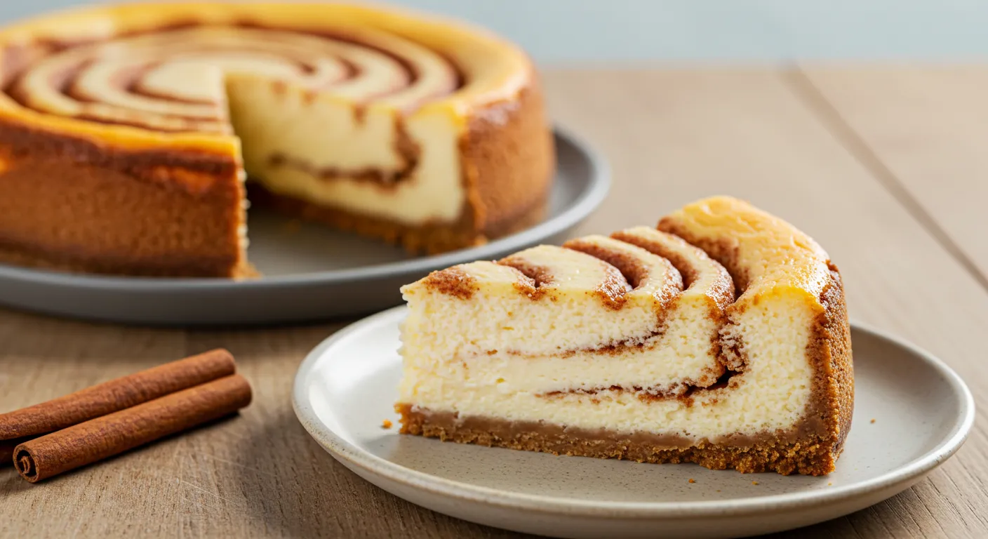 Slice of cinnamon roll cheesecake on ceramic plate