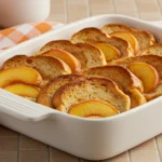 Baked peach French toast casserole with golden bread and peaches