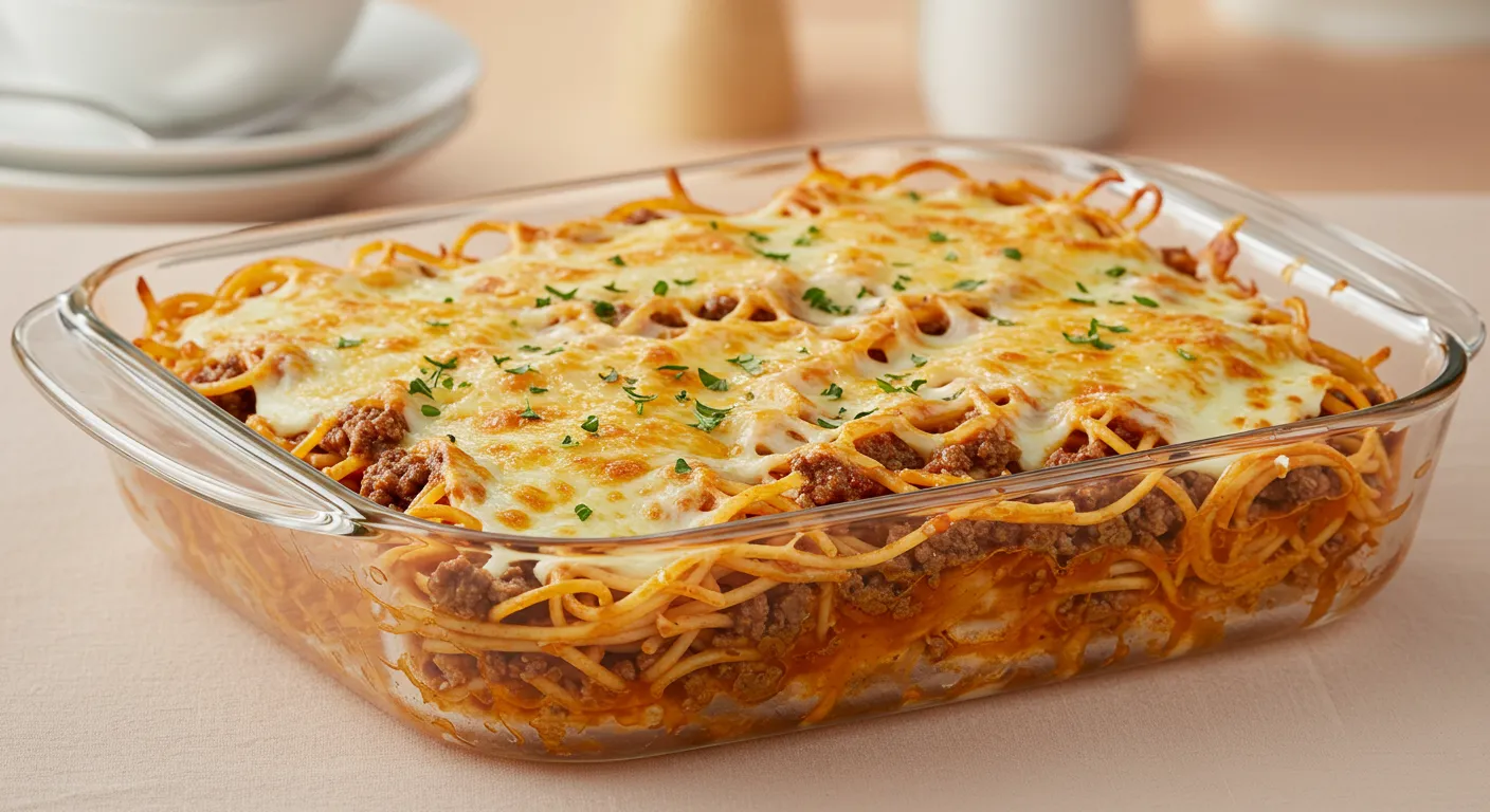 Baked Million Dollar Spaghetti Casserole with melted cheese