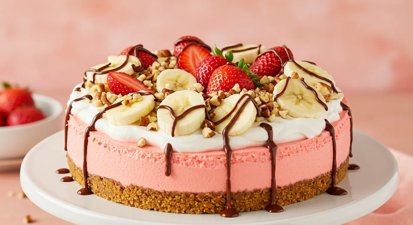 No-bake banana split cheesecake topped with fruit and chocolate