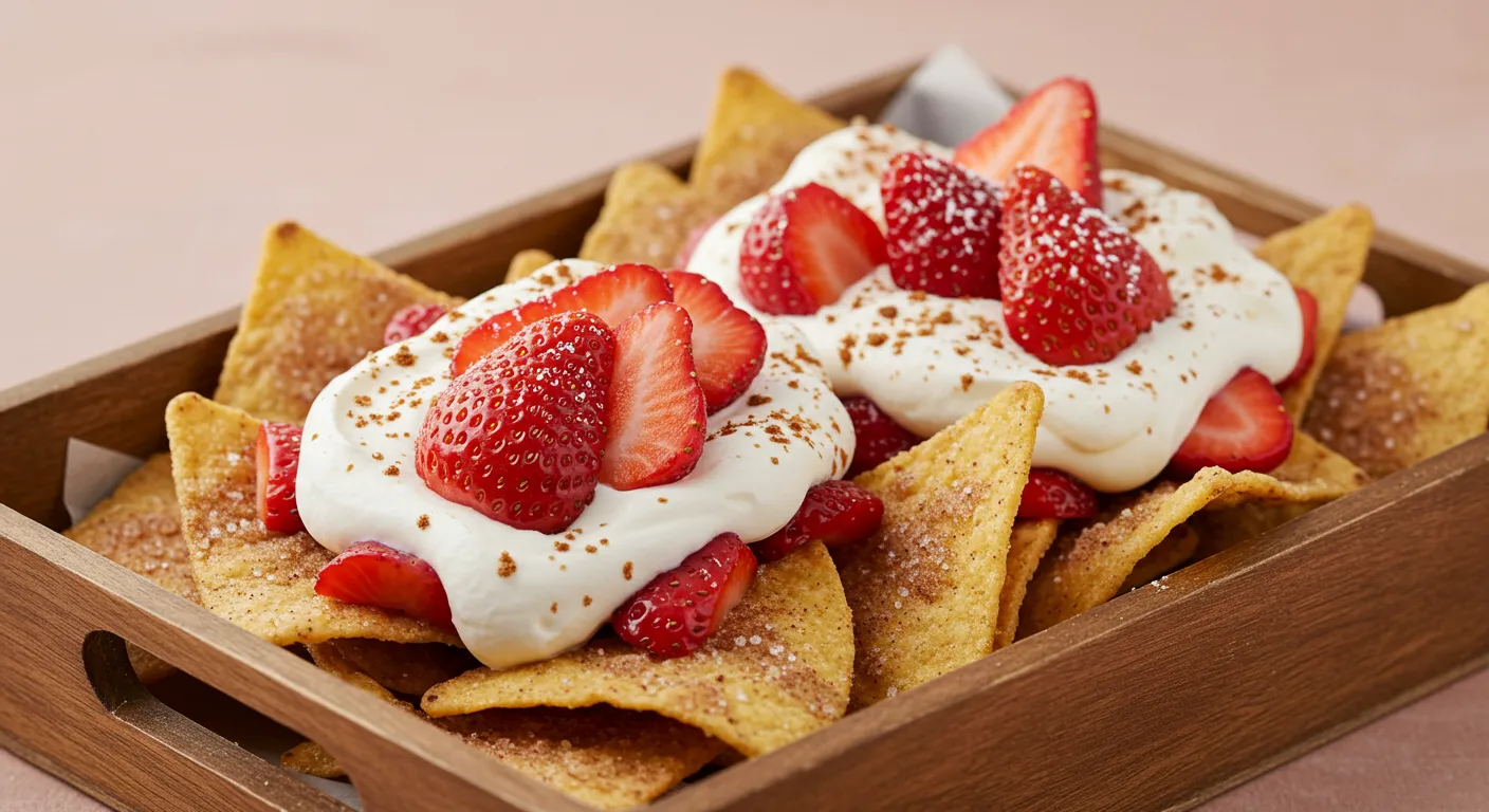 Strawberry Cheesecake Nachos with cream and strawberries in tray