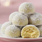 Snowball cookies dusted with powdered sugar on a plate