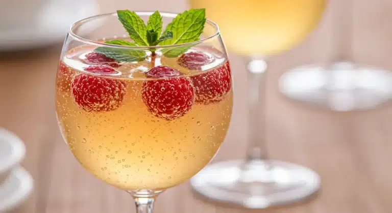 Raspberry limoncello sparkler mocktail in a stemmed glass