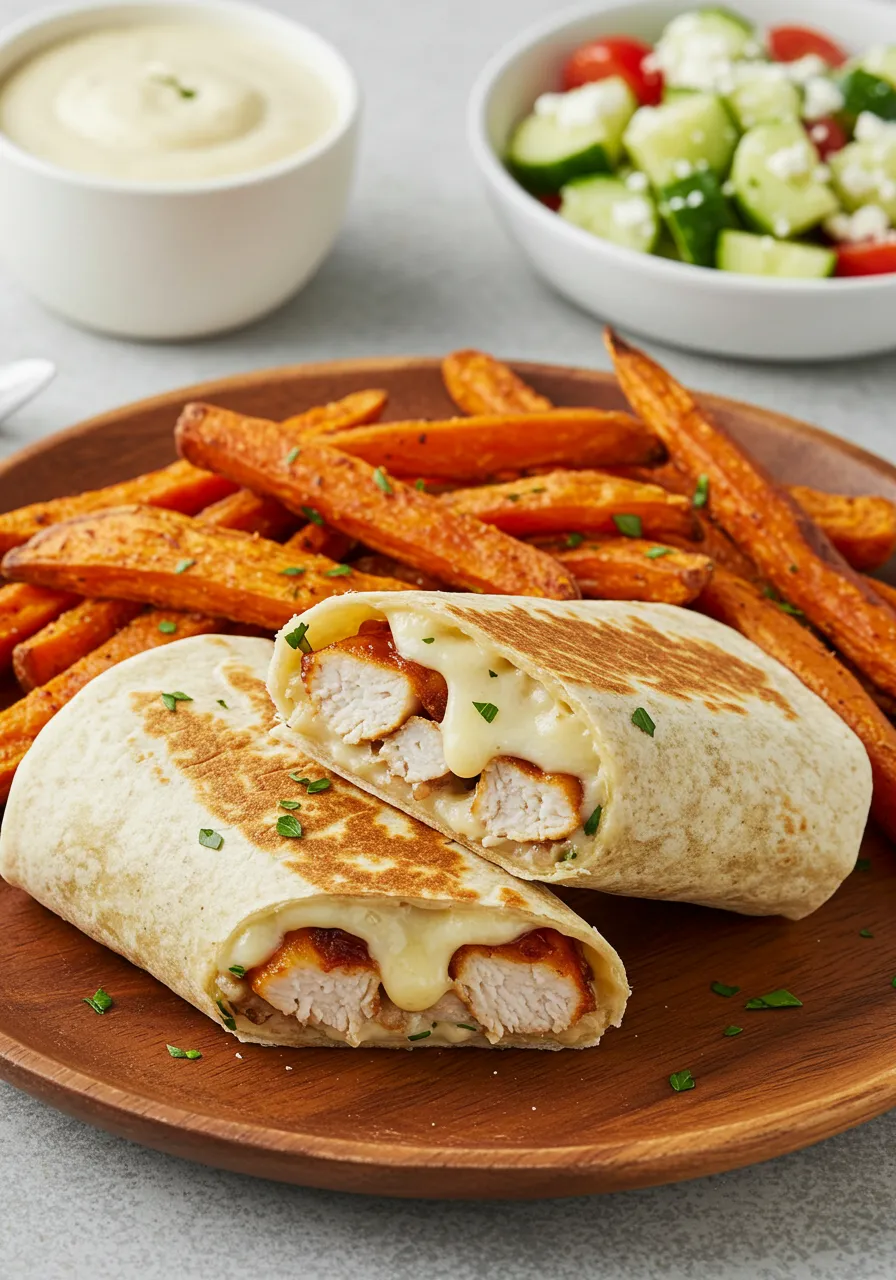 Grilled cheesy garlic chicken wrap cut in half with melted cheese, served with sweet potato fries and cucumber salad.