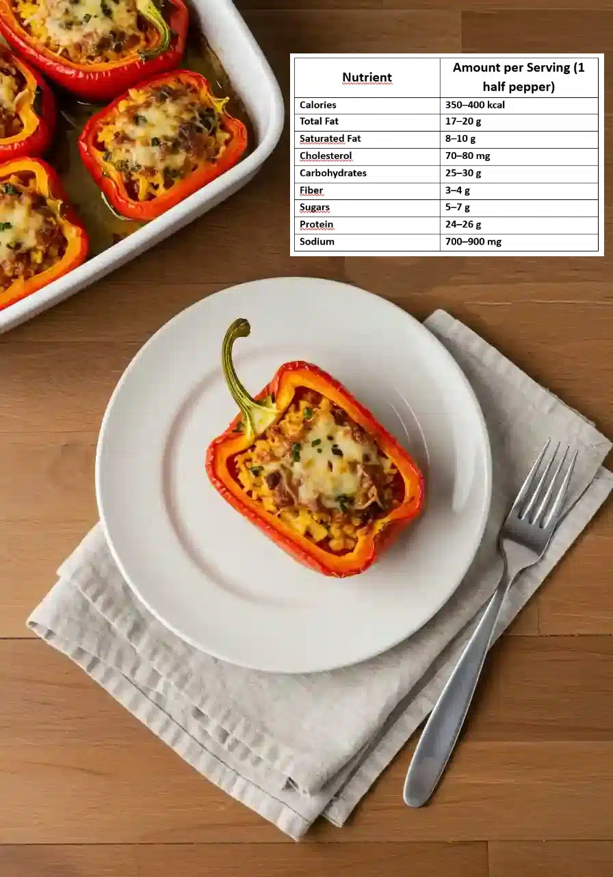 Stuffed Pepper with Macronutrient Breakdown – Costco Style Half stuffed red pepper on a plate with labeled calories, protein, fat, and carbs, styled for a nutritional breakdown illustration.