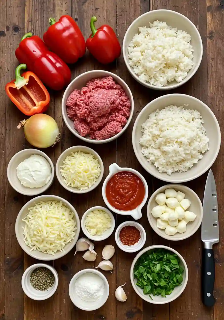 Ingredients for Costco Stuffed Bell Peppers – Flat Lay Flat-lay of ingredients for Costco stuffed peppers, including red bell peppers, ground beef, rice, tomato sauce, cheese, garlic, onions, and herbs.