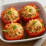 Baked red bell peppers stuffed with ground beef, rice, tomato sauce, and melted cheese, served in a white ceramic dish on a wooden table.