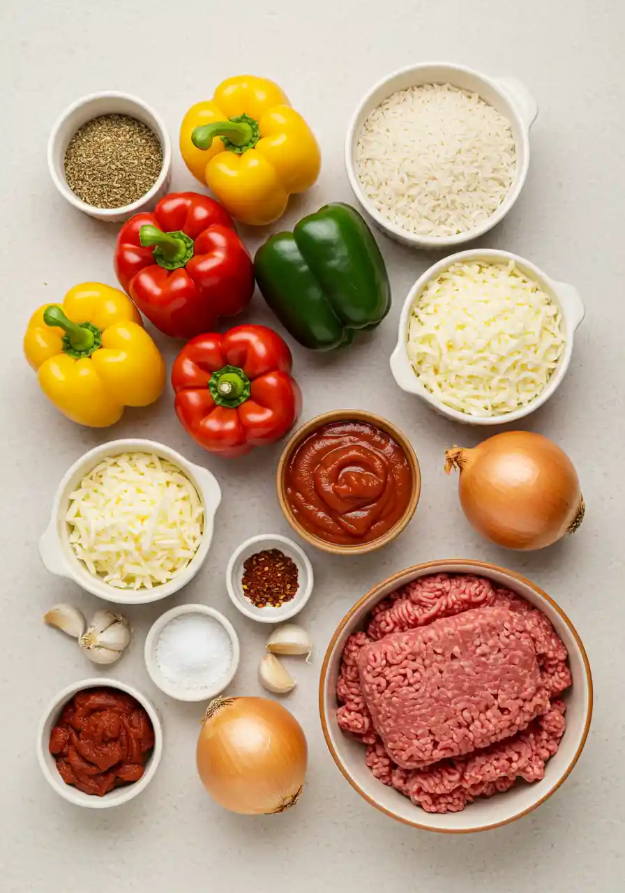 Costco Stuffed Peppers Ingredients Flat lay ingredients for Costco stuffed peppers