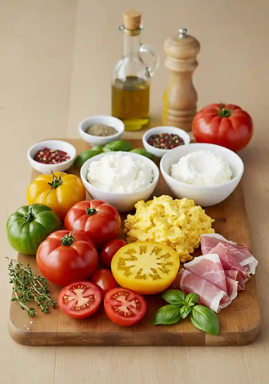 Ingredients for Heirloom Tomato Flight A flat lay of heirloom tomatoes, fresh herbs, ricotta cheese, prosciutto, and olive oil on a wooden cutting board.