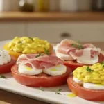 A close-up of heirloom tomato slices topped with creamy ricotta cheese, prosciutto, and scrambled eggs, served on a white plate with fresh thyme.