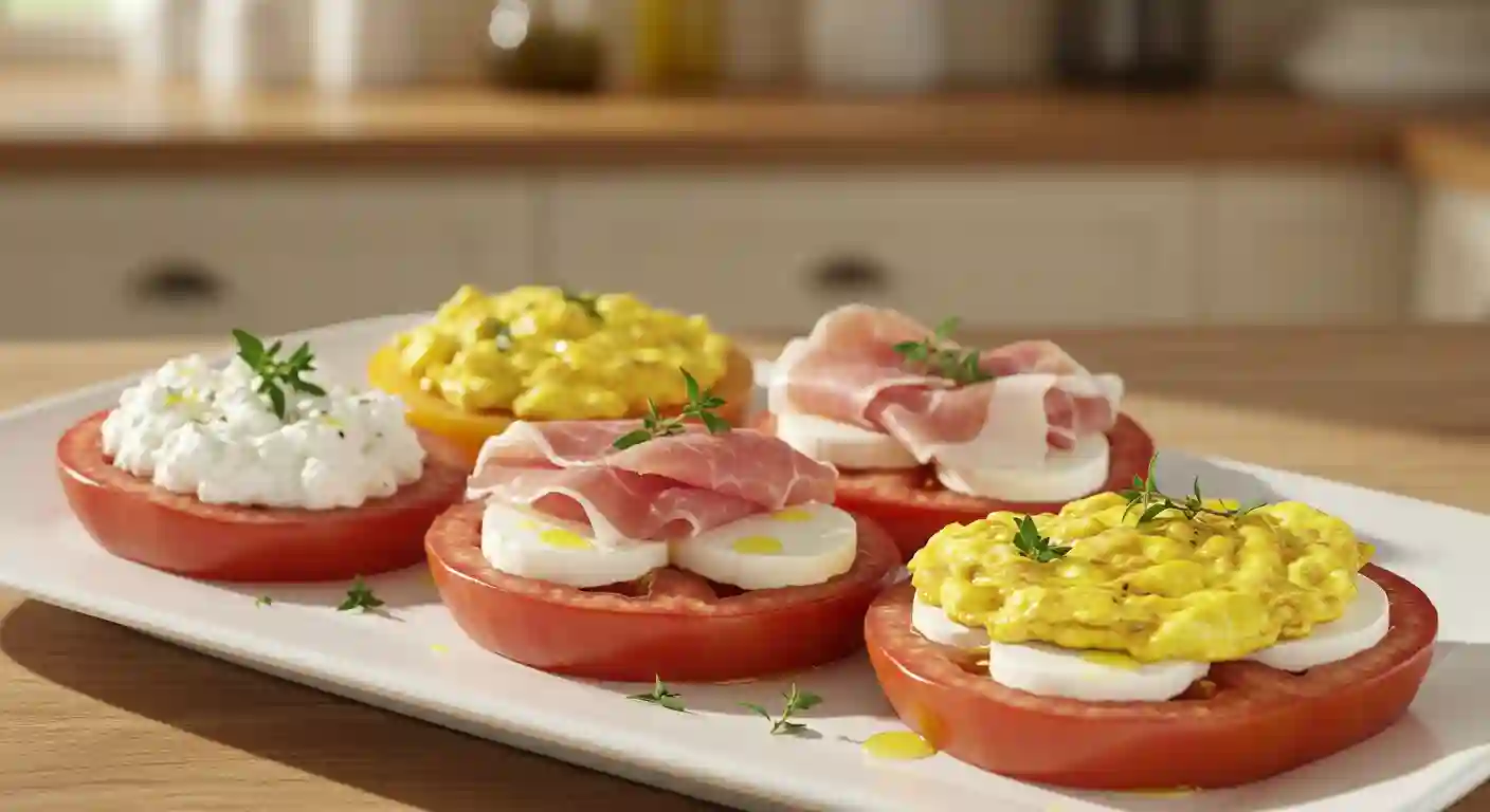 A close-up of heirloom tomato slices topped with creamy ricotta cheese, prosciutto, and scrambled eggs, served on a white plate with fresh thyme.