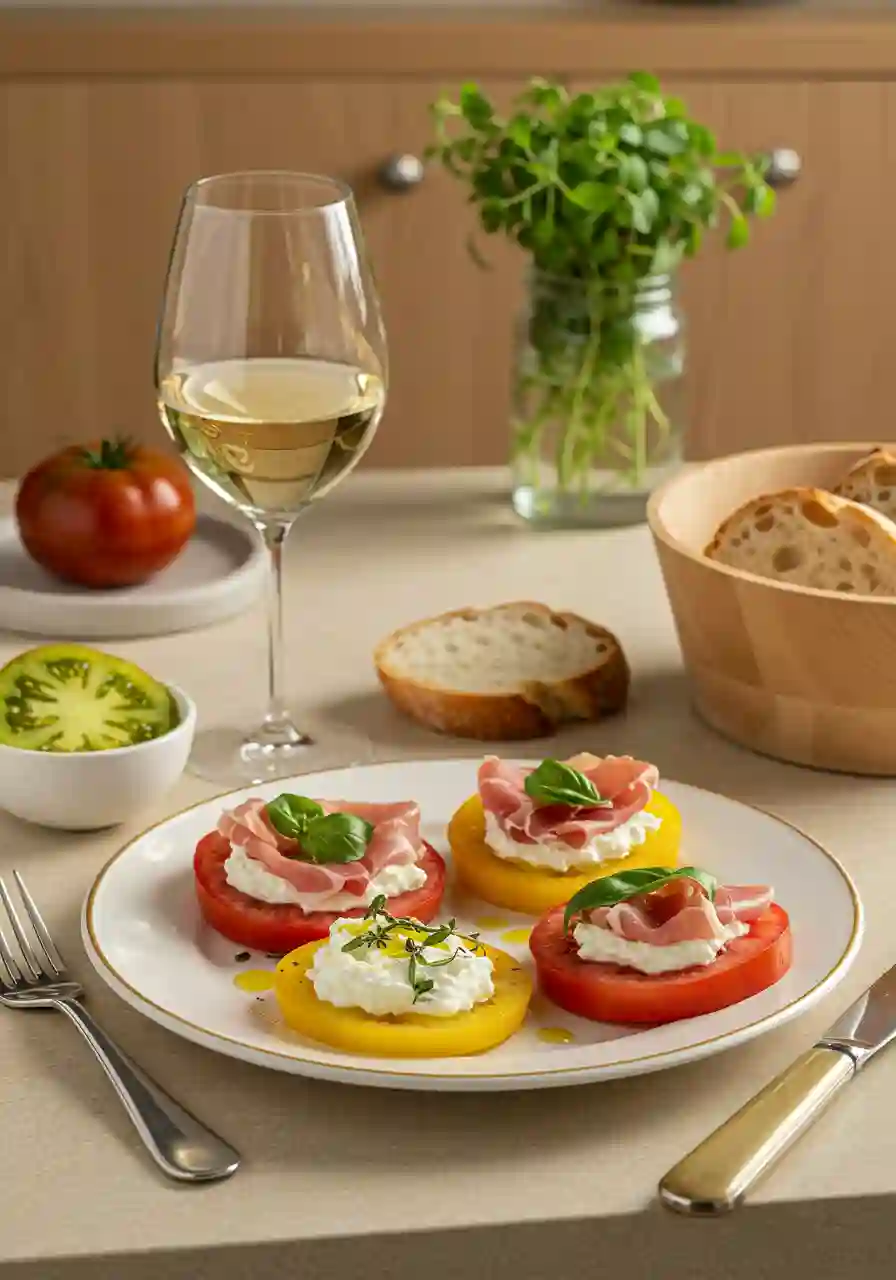 Serving Suggestions for Heirloom Tomato Flight A completed heirloom tomato flight served with warm bread, white wine, and fresh herbs on a wooden kitchen table.
